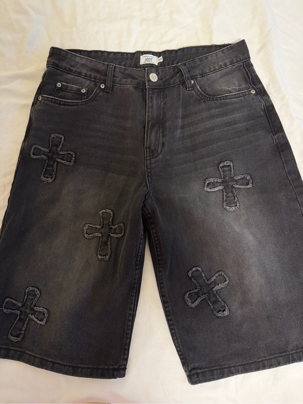 refuge Black Distressed Cross-Appliqué Denim Shorts